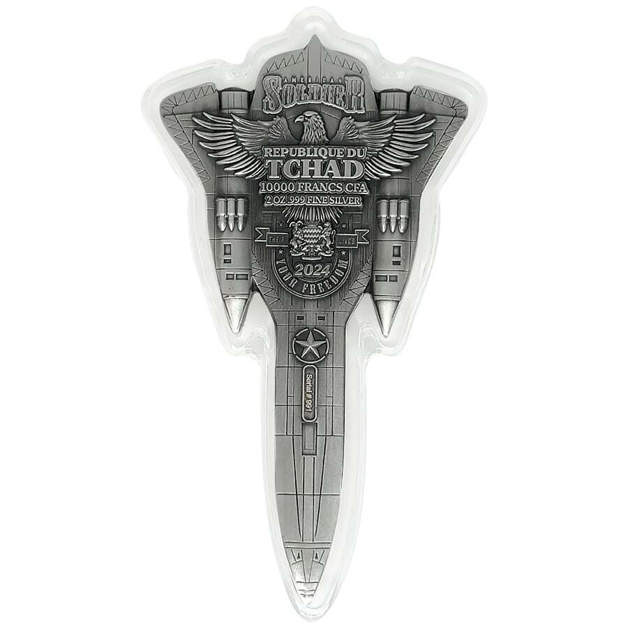 2024 Chad Fighter Jet Shaped Antiqued 2 oz Silver Coin