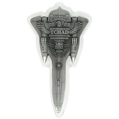 2024 Chad Fighter Jet Shaped Antiqued 2 oz Silver Coin