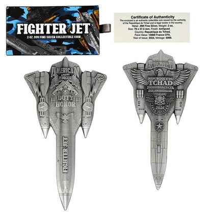 2024 Chad Fighter Jet Shaped Antiqued 2 oz Silver Coin