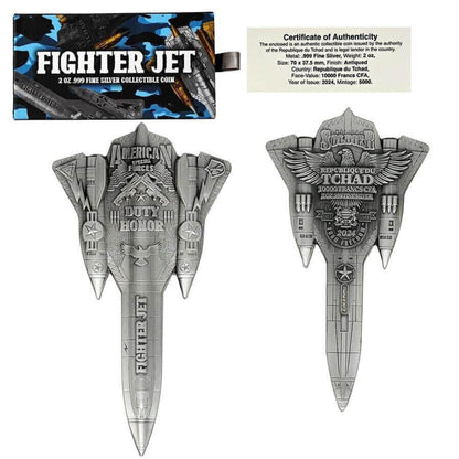 2024 Chad Fighter Jet Shaped Antiqued 2 oz Silver Coin