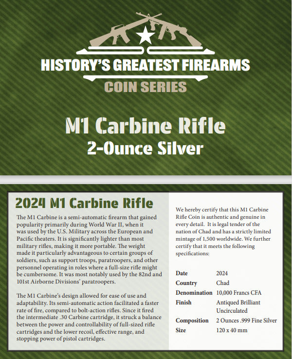 In Stock! 2024 Chad History's Greatest Firearms M1 Carbine Rifle 2 oz Silver Coin