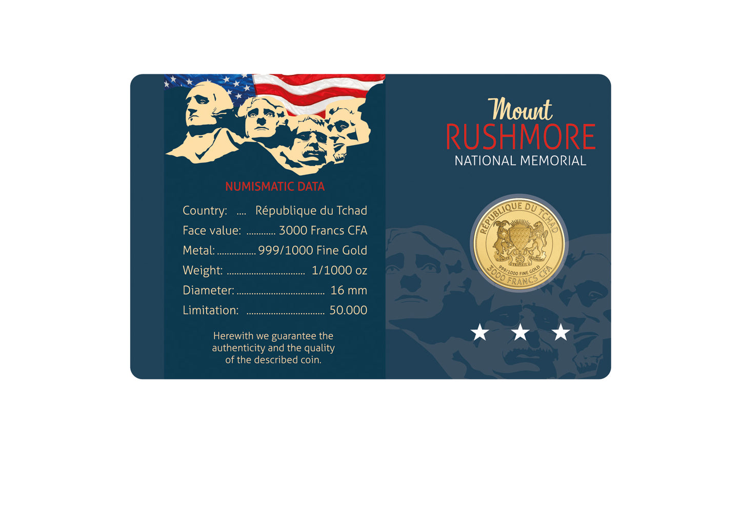 In Stock! Chad Mount Rushmore 1/1000 oz Gold Coin in Card