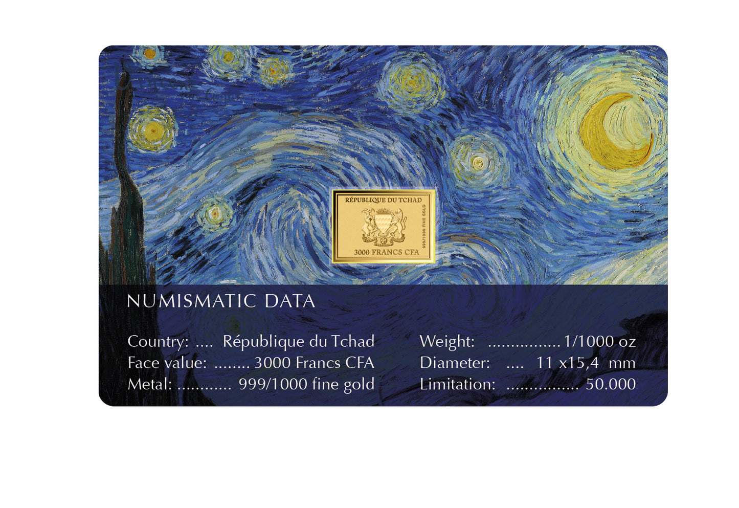 In Stock! Chad Vincent Van Gogh Starry Night 1/1000 oz Gold Coin in Card (03/18)