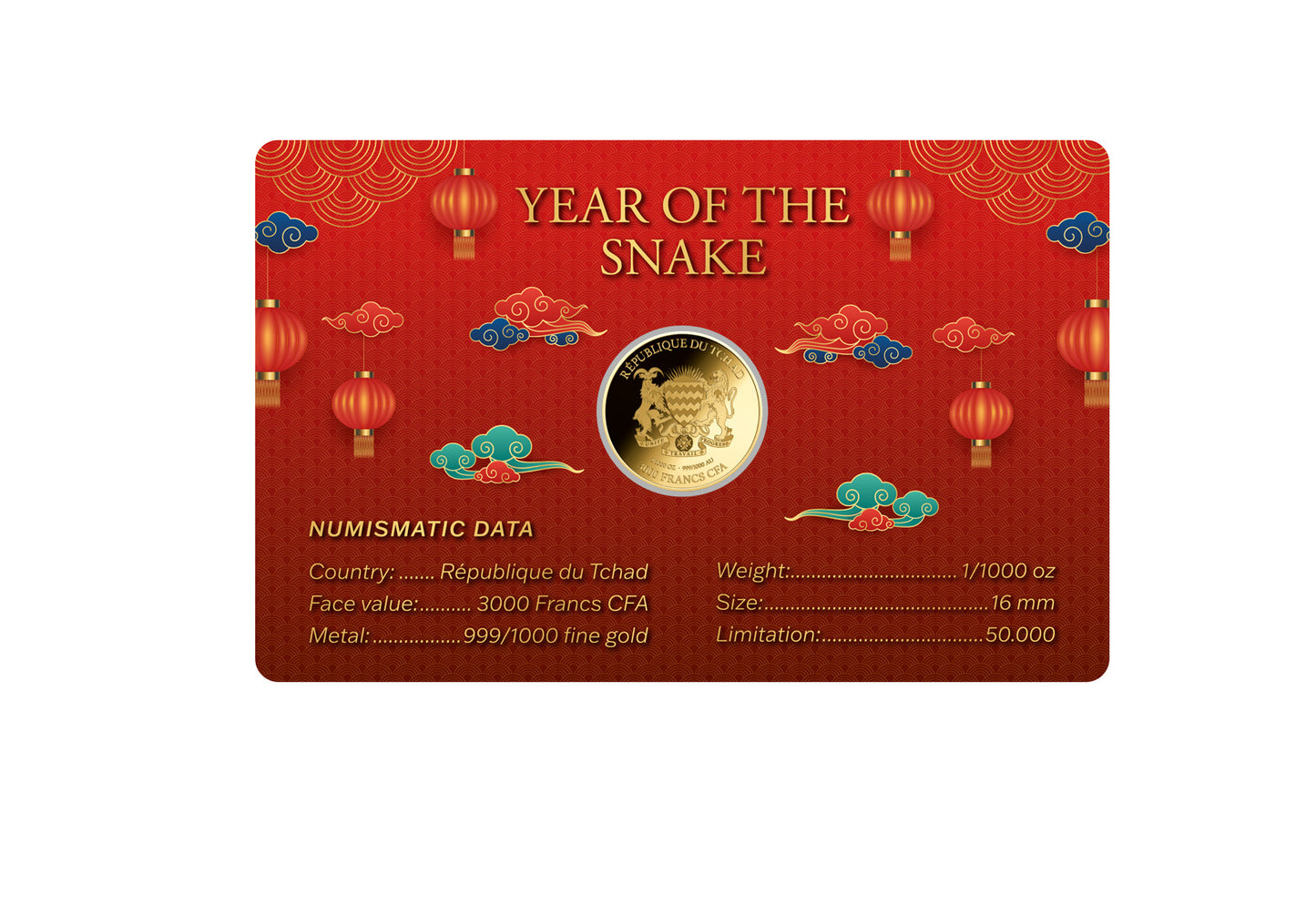 In Stock! Chad Year of the Snake 1/1000 oz Gold Coin in Card