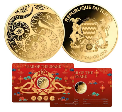 In Stock! Chad Year of the Snake 1/1000 oz Gold Coin in Card