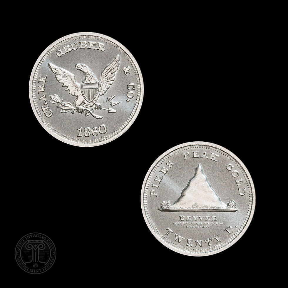 Estimate: Intaglio Mint 1860 Clark & Gruber Pike's Peak Gold $20 Tribute 1/2 oz Silver Round (06/26)