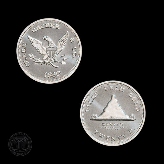 Estimate: Intaglio Mint 1860 Clark & Gruber Pike's Peak Gold $20 Tribute 1/2 oz Silver Round (06/26)