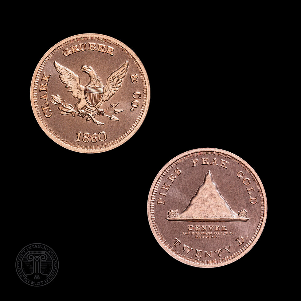 Intaglio Mint 1860 Clark & Gruber Pike's Peak Gold $20 Tribute 1/2 oz Copper Round (06/26)