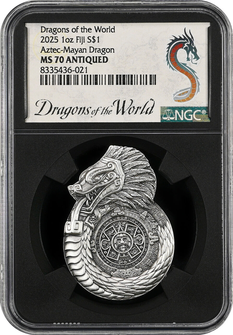 In Stock! 2025 Fiji Aztec Mayan Dragons of the World 1 oz Silver Coin NGC MS 70