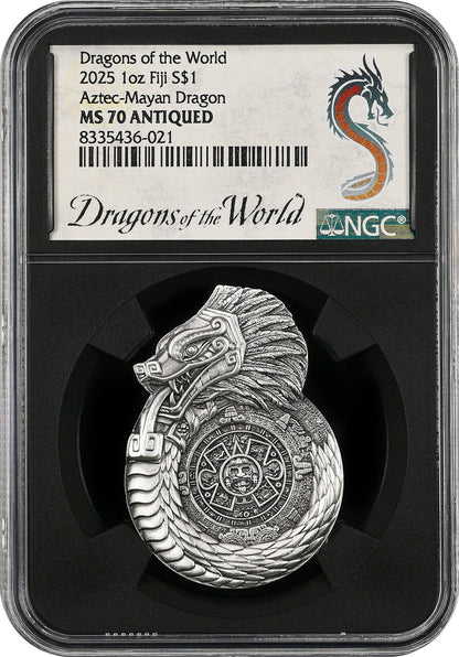 In Stock! 2025 Fiji Aztec Mayan Dragons of the World 1 oz Silver Coin NGC MS 70