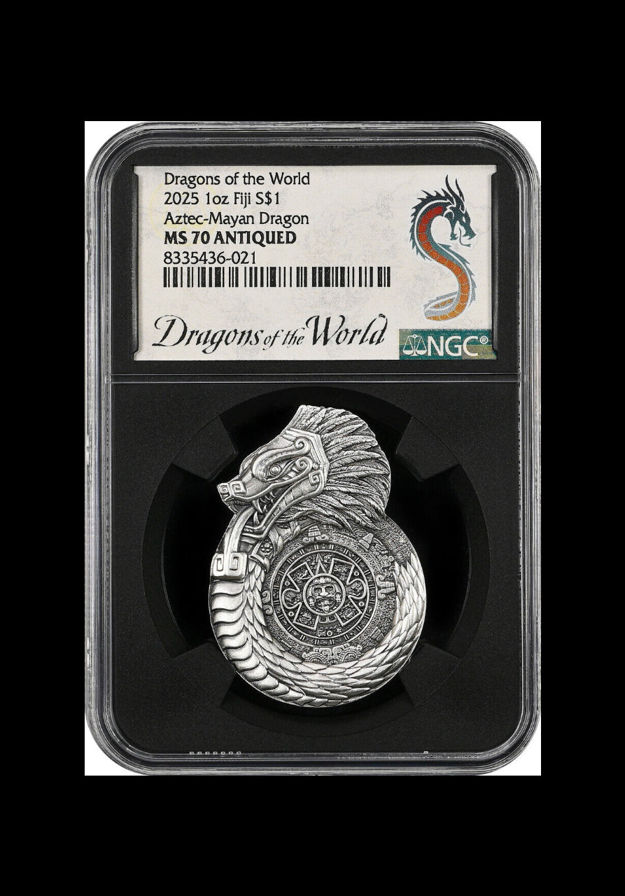 In Stock! 2025 Fiji Aztec Mayan Dragons of the World 1 oz Silver Coin NGC MS 70