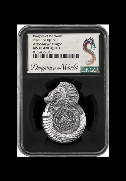 In Stock! 2025 Fiji Aztec Mayan Dragons of the World 1 oz Silver Coin NGC MS 70