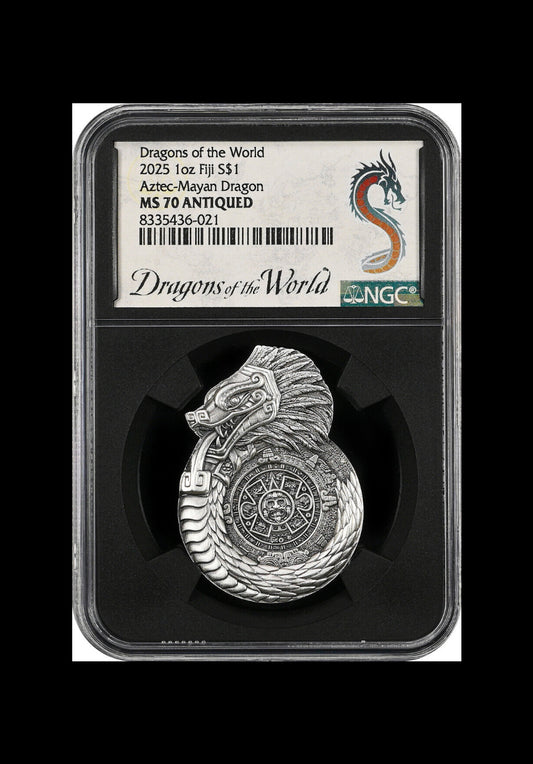 In Stock! 2025 Fiji Aztec Mayan Dragons of the World 1 oz Silver Coin NGC MS 70