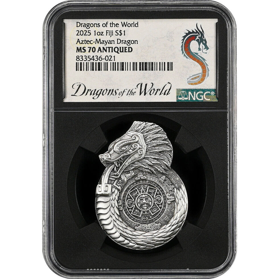 In Stock! 2025 Fiji Aztec Mayan Dragons of the World 1 oz Silver Coin NGC MS 70