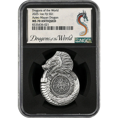 In Stock! 2025 Fiji Aztec Mayan Dragons of the World 1 oz Silver Coin NGC MS 70