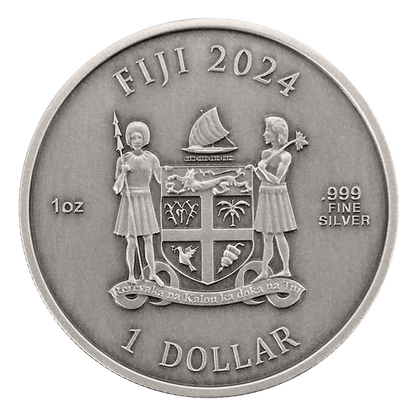 In stock! 2024 Fiji Year of the Dragon 3D UHR Antiqued 1 oz Silver Coin - Options: Original Mint Packaging