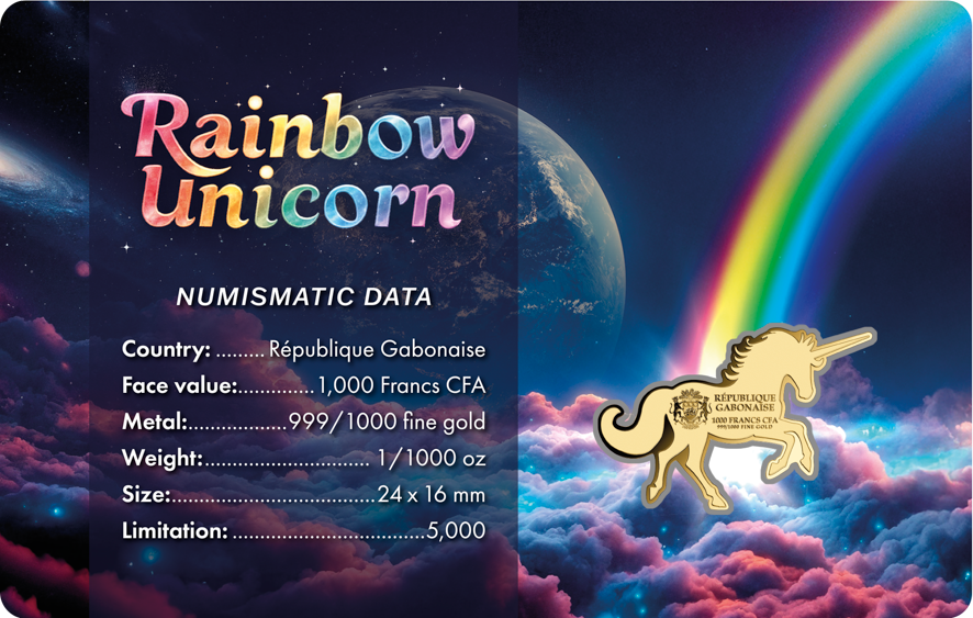 Gabon Rainbow Unicorn Shaped 1/1000 oz Gold Coin in Card