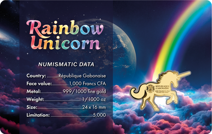 Gabon Rainbow Unicorn Shaped 1/1000 oz Gold Coin in Card