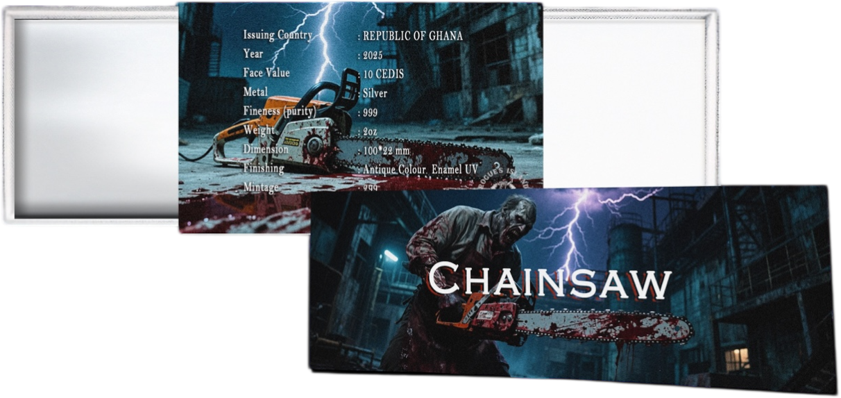In Stock! 2025 Ghana Bloody Chainsaw 3d Shaped 2 oz Silver Coin (10/14) - Options: Original Mint Packaging