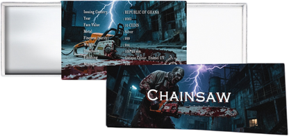 In Stock! 2025 Ghana Bloody Chainsaw 3d Shaped 2 oz Silver Coin (10/14) - Options: Original Mint Packaging