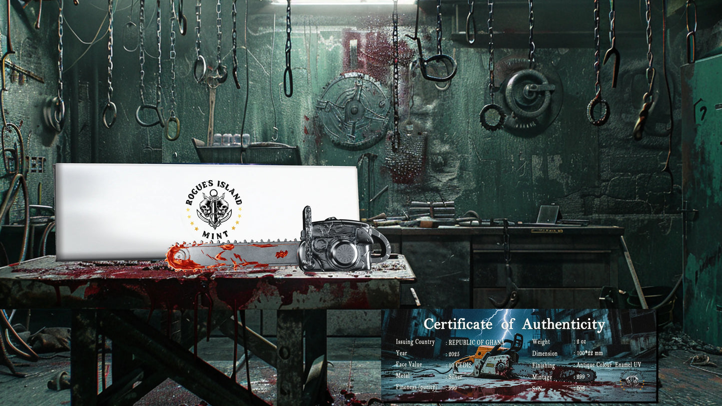 In Stock! 2025 Ghana Bloody Chainsaw 3d Shaped 2 oz Silver Coin (10/14) - Options: Original Mint Packaging