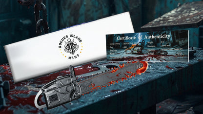 In Stock! 2025 Ghana Bloody Chainsaw 3d Shaped 2 oz Silver Coin (10/14) - Options: Original Mint Packaging