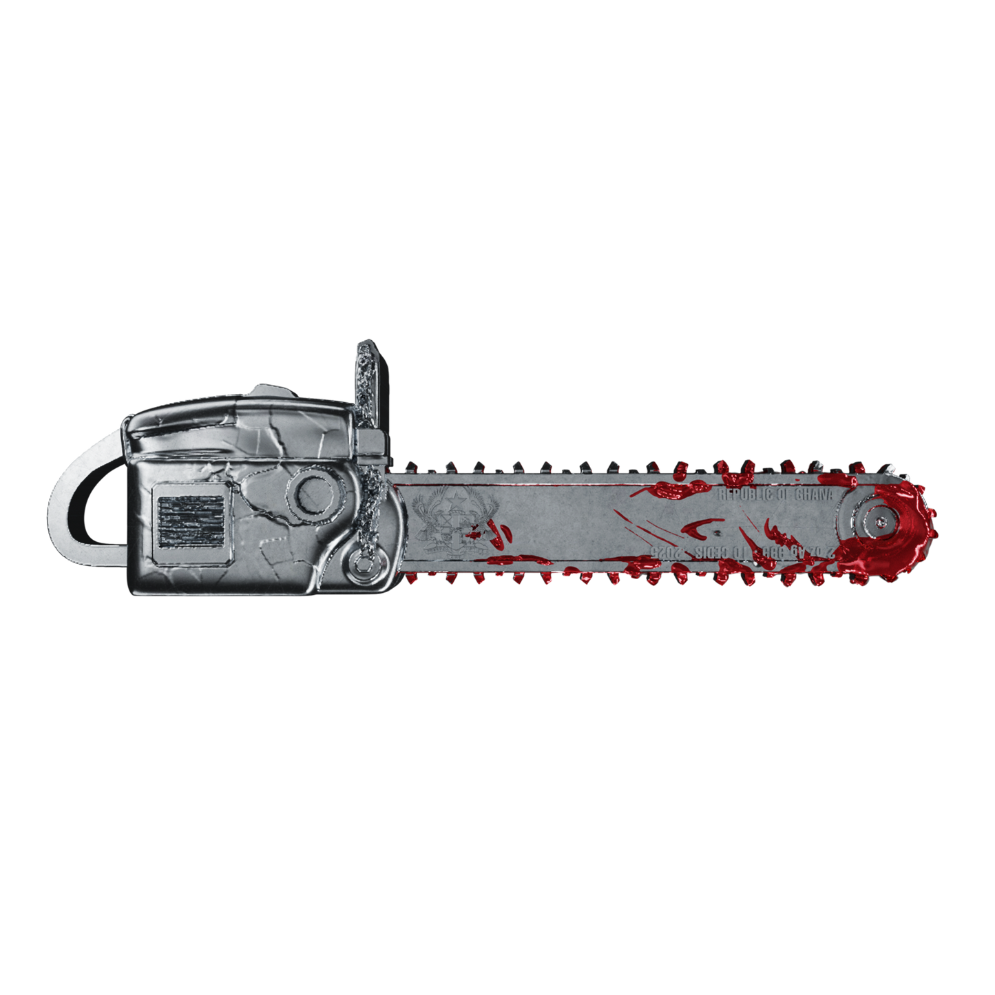 In Stock! 2025 Ghana Bloody Chainsaw 3d Shaped 2 oz Silver Coin (10/14) - Options: Original Mint Packaging