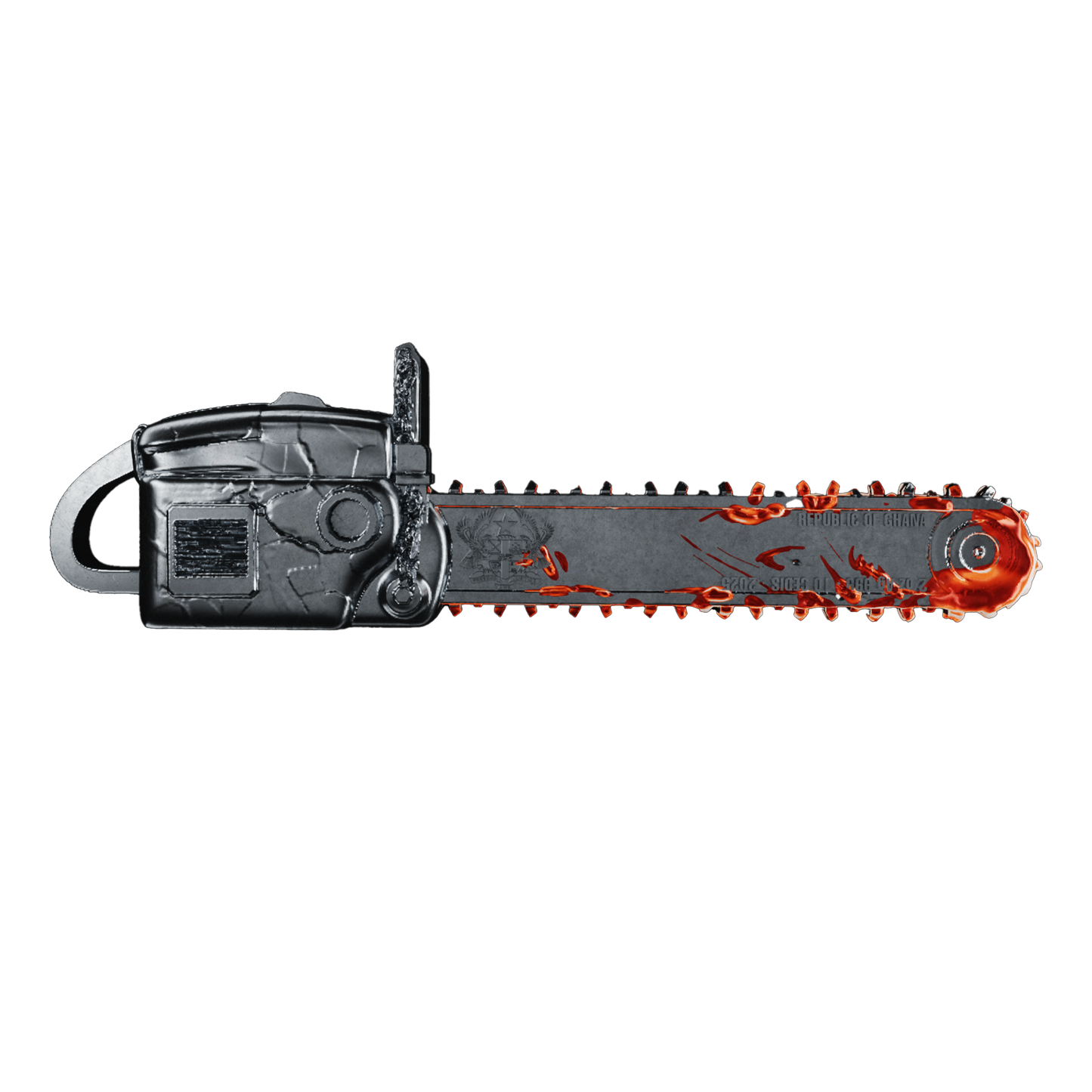 In Stock! 2025 Ghana Bloody Chainsaw 3d Shaped 2 oz Silver Coin (10/14) - Options: Original Mint Packaging