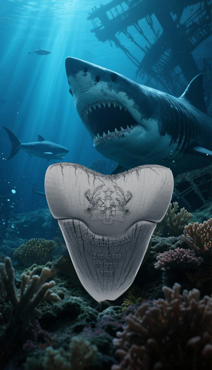 2025 Ghana 3D Megalodon Shark Tooth 2 oz Silver Coin