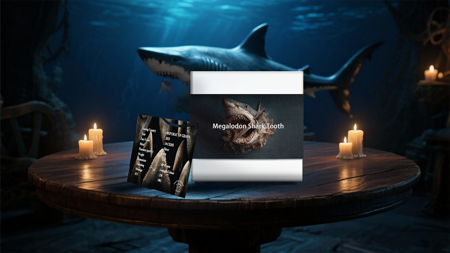2025 Ghana 3D Megalodon Shark Tooth 2 oz Silver Coin