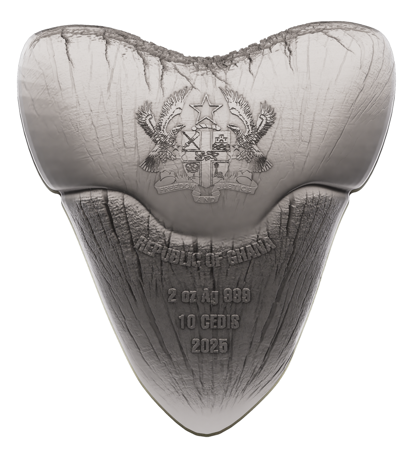 2025 Ghana 3D Megalodon Shark Tooth 2 oz Silver Coin