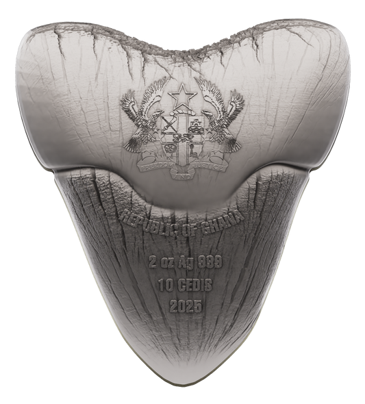 2025 Ghana 3D Megalodon Shark Tooth 2 oz Silver Coin
