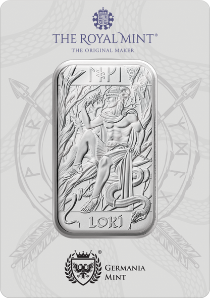 In Stock! Germania Mint Norse Gods Loki 1 oz Silver Bar in Card