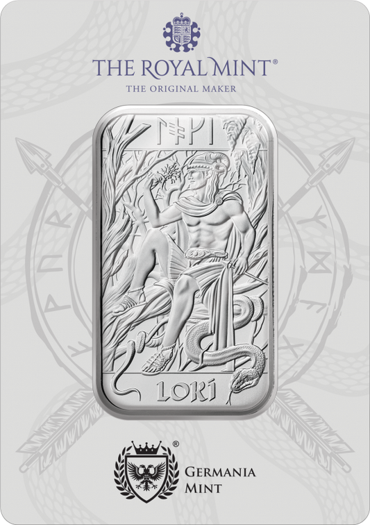 In Stock! Germania Mint Norse Gods Loki 1 oz Silver Bar in Card