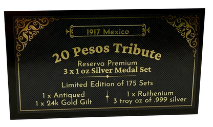 In Stock! 1917 Mexico 20 Pesos Tribute Reserva Premium 3 x 1 oz Silver Medal Set (10/15)