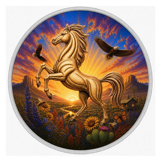 See the Back! 2026 Rwanda Prospector's Wild Horses 1 oz Silver Colorized Coin (40 Mintage) (06/09)