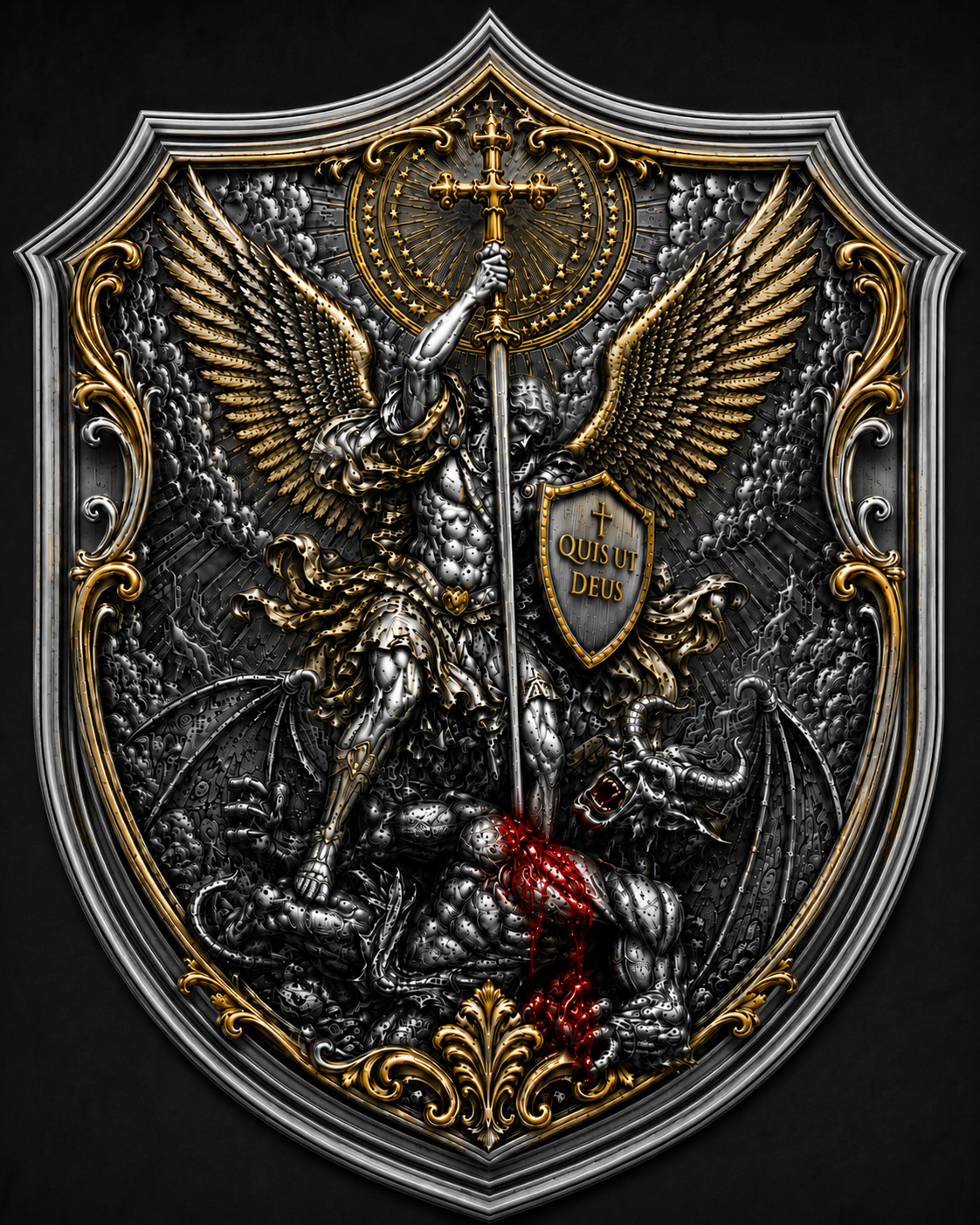 2026 Quis Ut Deus — Saint Michael 5 AVDP oz .999 Fine Silver & Gold Gild Copper High-Relief Shield