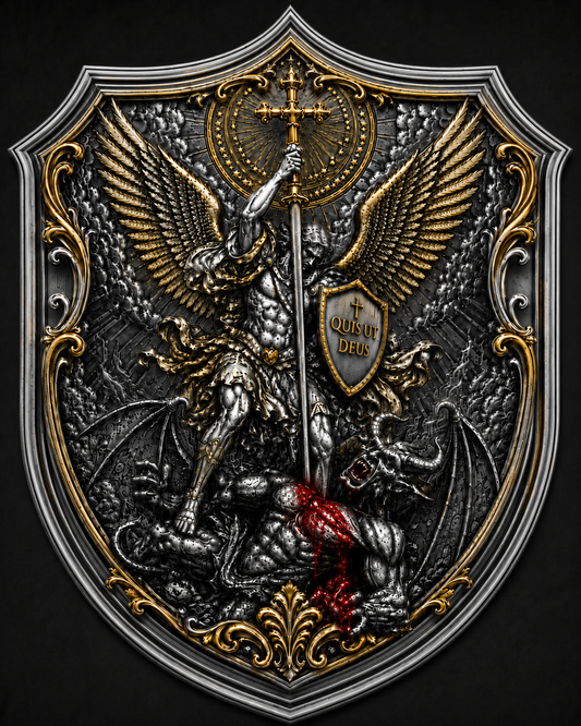 2026 Quis Ut Deus — Saint Michael 5 AVDP oz .999 Fine Silver & Gold Gild Copper High-Relief Shield