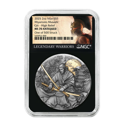 2024 Miyamoto Musashi 2 oz High relief silver antiqued gilded - NGCX MS10 Niue  Legendary Warriors Label - 12th Release*