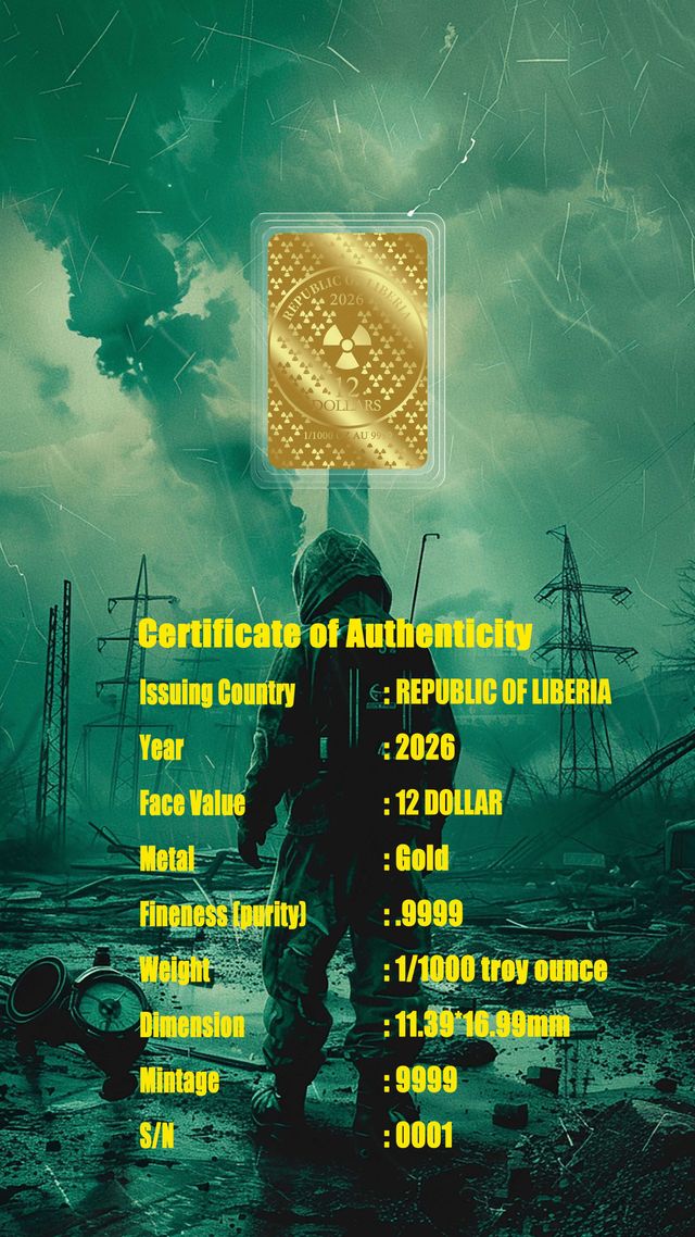 2026 Liberia Chernobyl 1/1000 oz Gold Coin in Card (12/26)