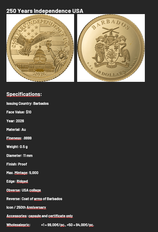 2026 Barbados America 250 Years of Independence 0.5g Gold Coin (06/16)