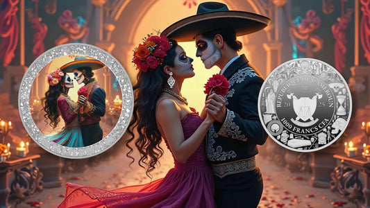 2025 Cameroon Dia de los Muertos Dancing Skull Couple 1 oz Silver Coin (12/29)