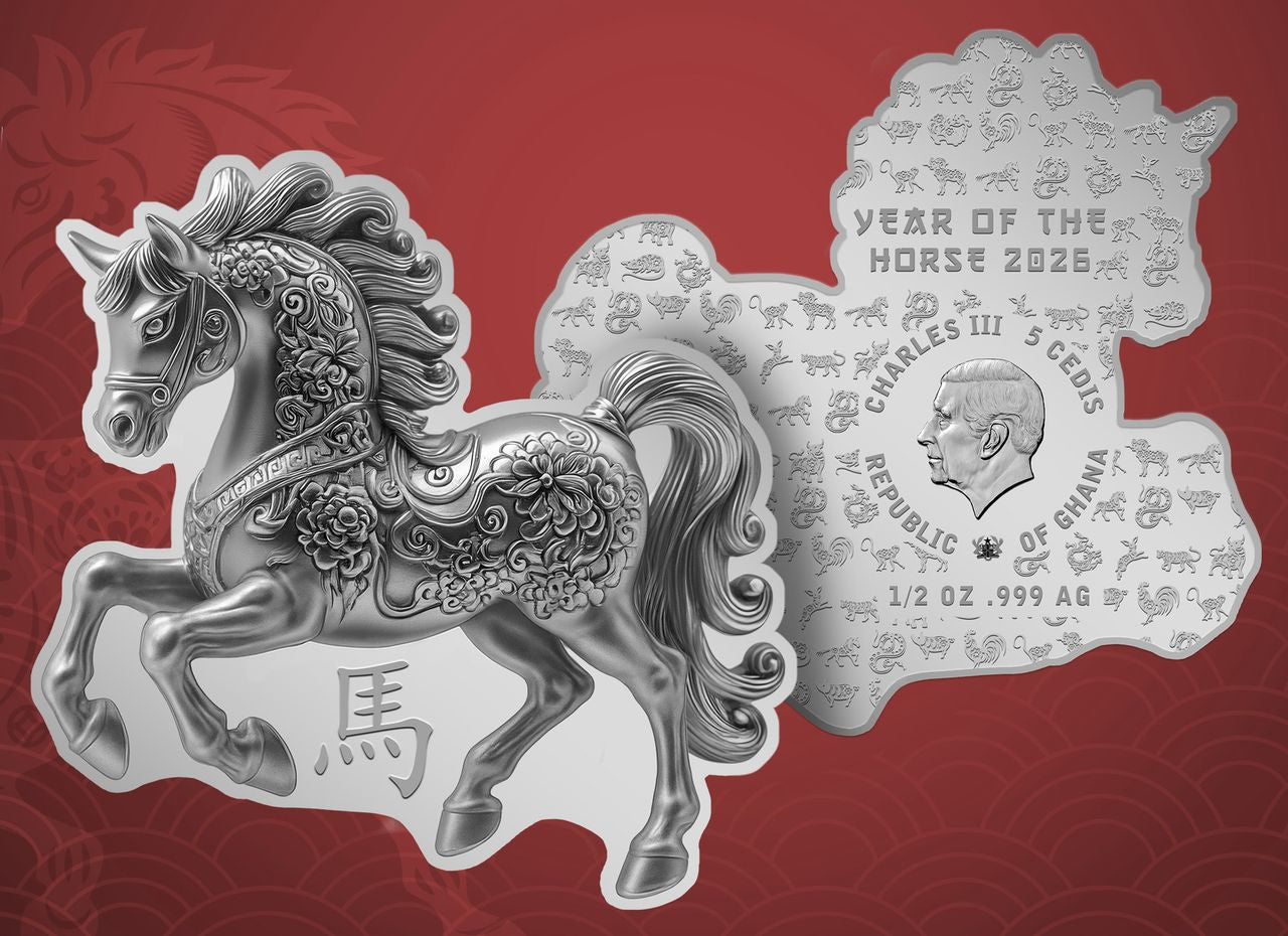 In Stock! 2026 Ghana Year of the Horse Shaped 1/2 oz Silver Coin (12/30)