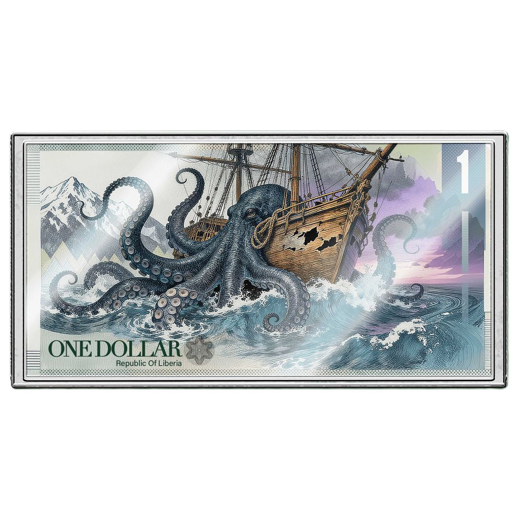 In Stock! 2026 Liberia The Kraken 1/10 oz Silver Foil Note (12/26). In Silver we Trust!