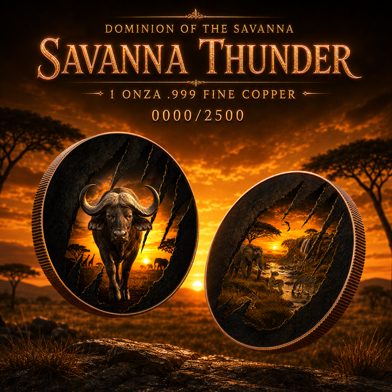 2026 Savanna Thunder Wildabeast Colorized 1oz .999 Copper Colorized Medal Slab