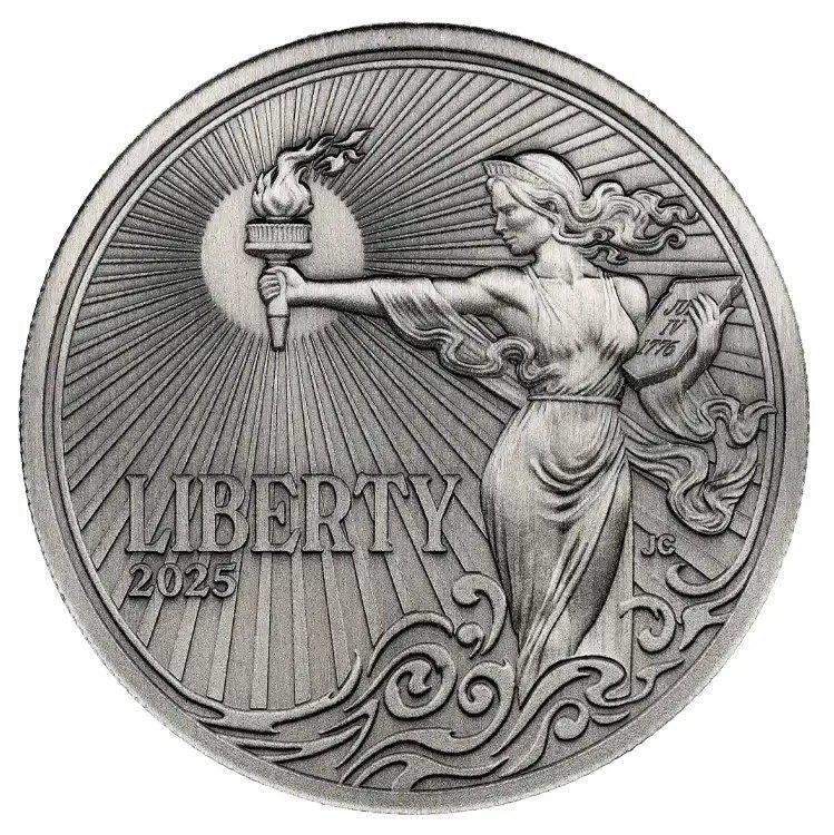 In Stock! 2025 Alderney Lady Liberty UHR by Jody Clark Enhanced Antiqued 1 oz Silver Coin