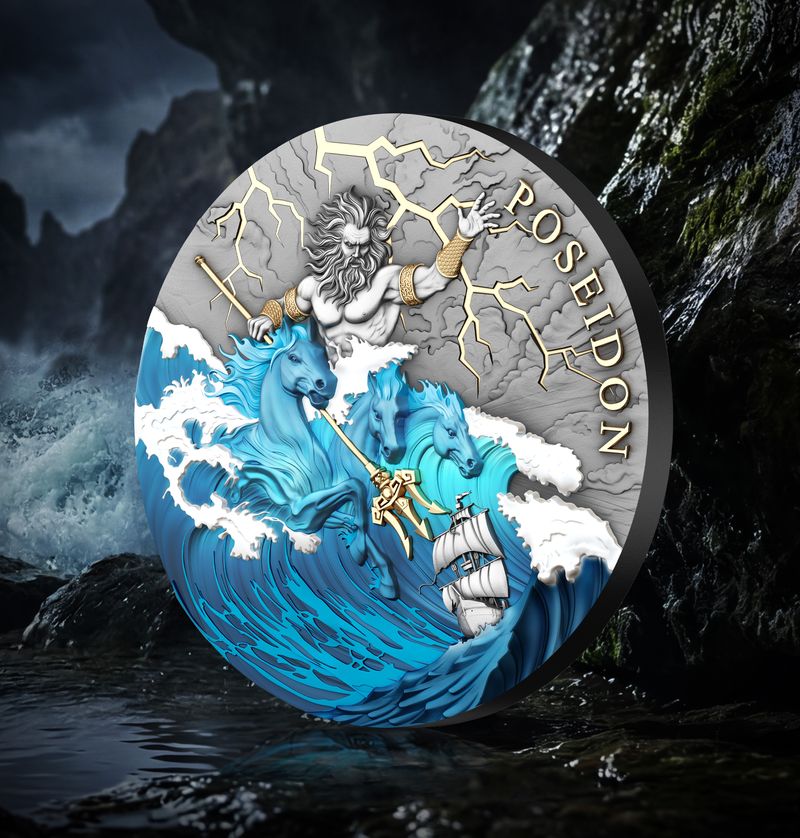 In Stock! T&S 2026 Niue Poseidon Colorized 2 oz Silver Coin