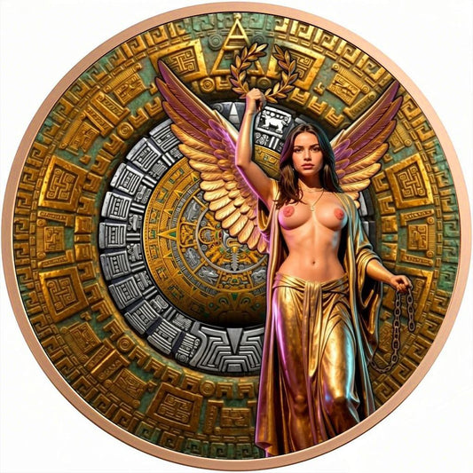 In Stock! Aztec Calendar Angel Colorized 5 oz Copper Medal