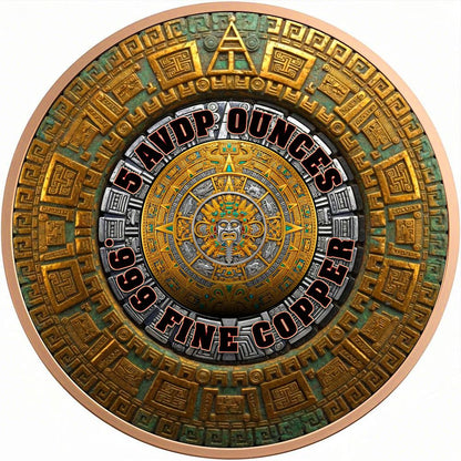 In Stock! Aztec Calendar Angel Colorized 5 oz Copper Medal