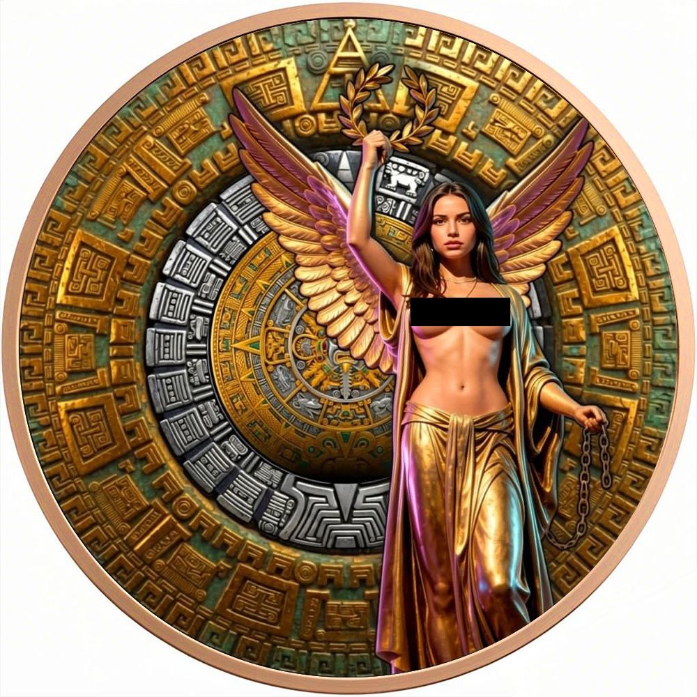 In Stock! Aztec Calendar Angel Colorized 5 oz Copper Medal